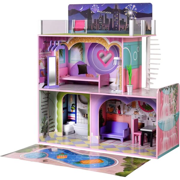3-stöckiges Puppenhaus aus Holz mit 16 bunten Accessoires. Dreamland Olivia's Little World