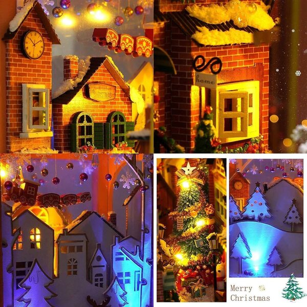 DIY Weihnachtshaus-Lesezeichen-Set mit LED, 3D-Sammeldekoration aus Holz