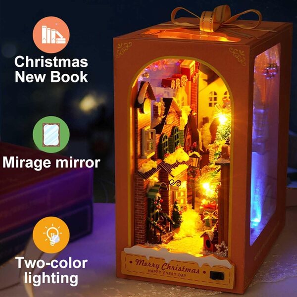 DIY Weihnachtshaus-Lesezeichen-Set mit LED, 3D-Sammeldekoration aus Holz