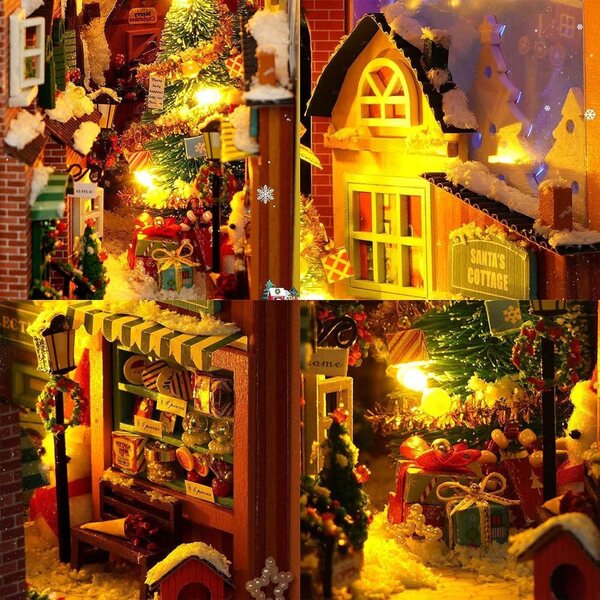 DIY Weihnachtshaus-Lesezeichen-Set mit LED, 3D-Sammeldekoration aus Holz