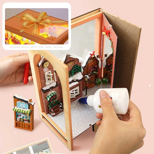 DIY Weihnachtshaus-Lesezeichen-Set mit LED, 3D-Sammeldekoration aus Holz