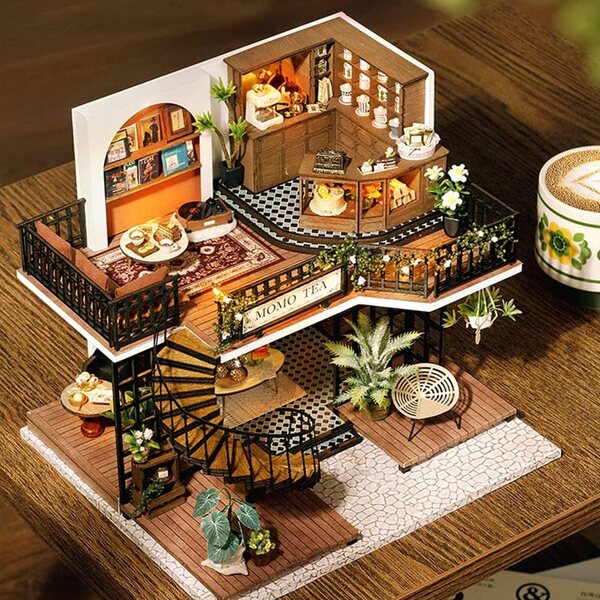 Kit miniatura casa delle bambole in legno con LED - Forest Teashop XLZSP