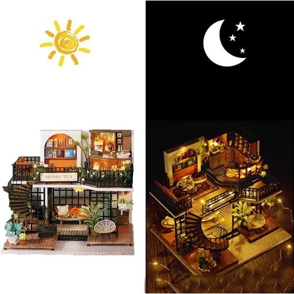 Kit miniatura casa delle bambole in legno con LED - Forest Teashop XLZSP