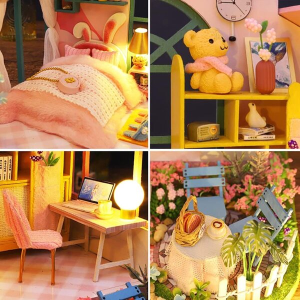 Kit Casa di Bambola Miniatura in Legno DIY con Luci LED e Mobili 1/24 - XLZSP