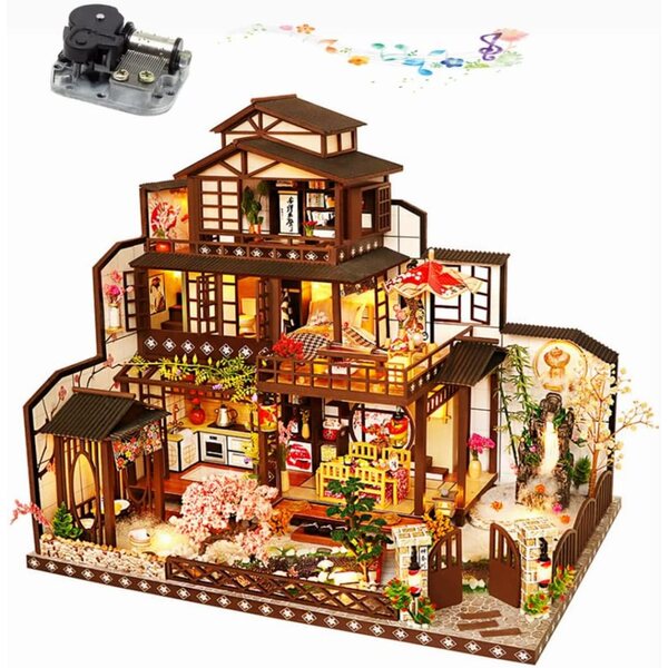 Handgefertigter japanischer Puppenhausbausatz mit LED-Lichtern, Musik und Bewegung 1:24