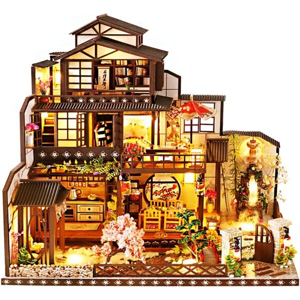 Handgefertigter japanischer Puppenhausbausatz mit LED-Lichtern, Musik und Bewegung 1:24