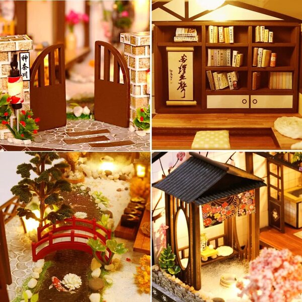 Handgefertigter japanischer Puppenhausbausatz mit LED-Lichtern, Musik und Bewegung 1:24