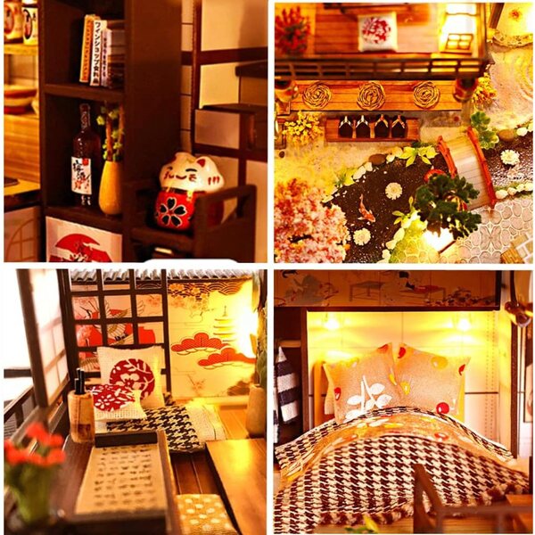 Handgefertigter japanischer Puppenhausbausatz mit LED-Lichtern, Musik und Bewegung 1:24