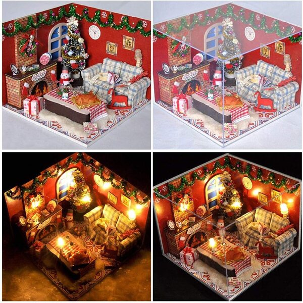 DIY-Mini-Puppenhaus-Bausatz mit LEDs, Möbeln und Dekorationen, Maßstab 1:24