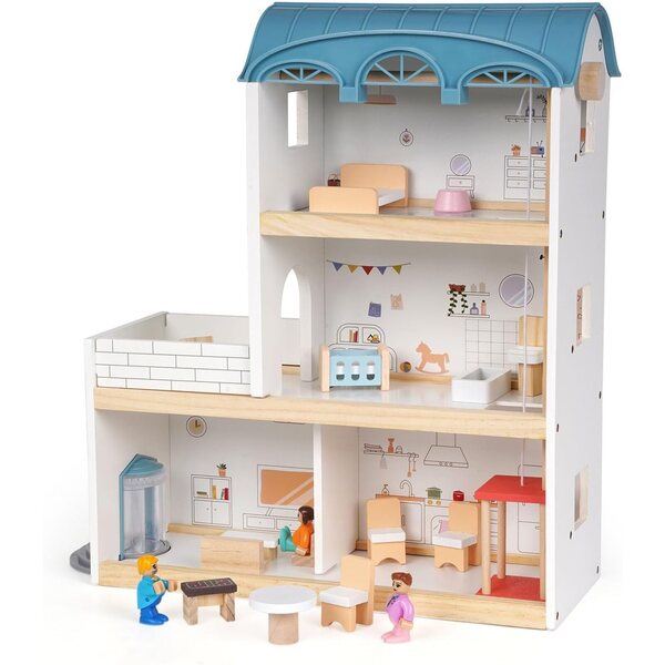 3-stöckiges Puppenhaus aus Holz mit Möbeln und Figuren, kreatives Spielzeug für Kinder