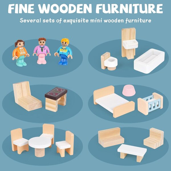 3-stöckiges Puppenhaus aus Holz mit Möbeln und Figuren, kreatives Spielzeug für Kinder