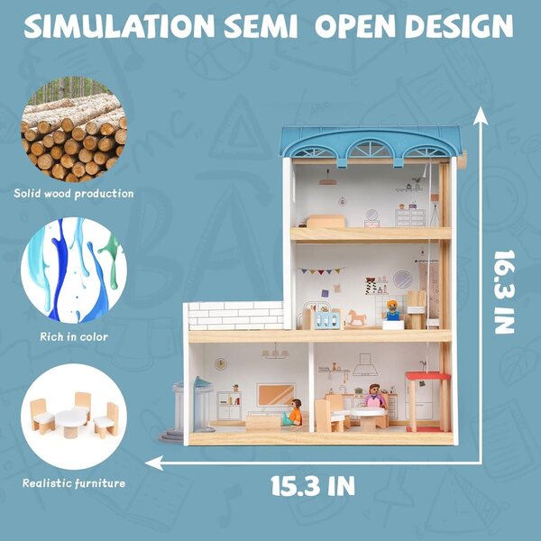 3-stöckiges Puppenhaus aus Holz mit Möbeln und Figuren, kreatives Spielzeug für Kinder