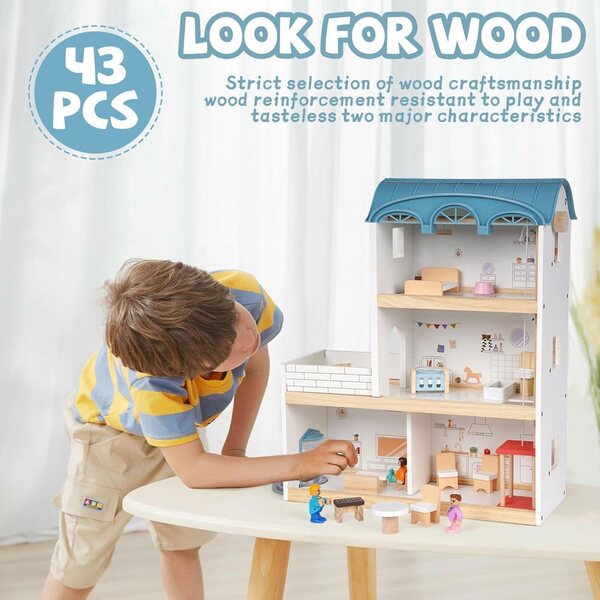 3-stöckiges Puppenhaus aus Holz mit Möbeln und Figuren, kreatives Spielzeug für Kinder