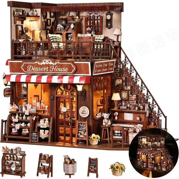 Kit casa miniatura vintage a due piani con luci LED, perfetto per appassionati e regalo