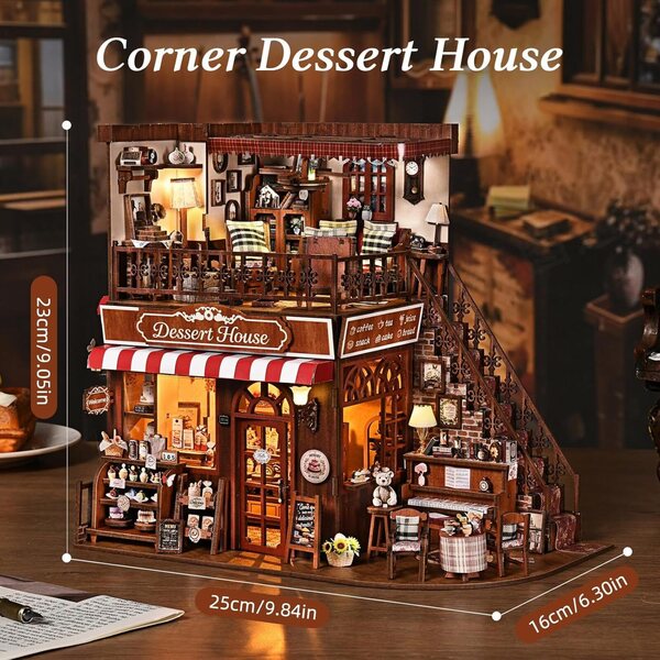 Kit casa miniatura vintage a due piani con luci LED, perfetto per appassionati e regalo