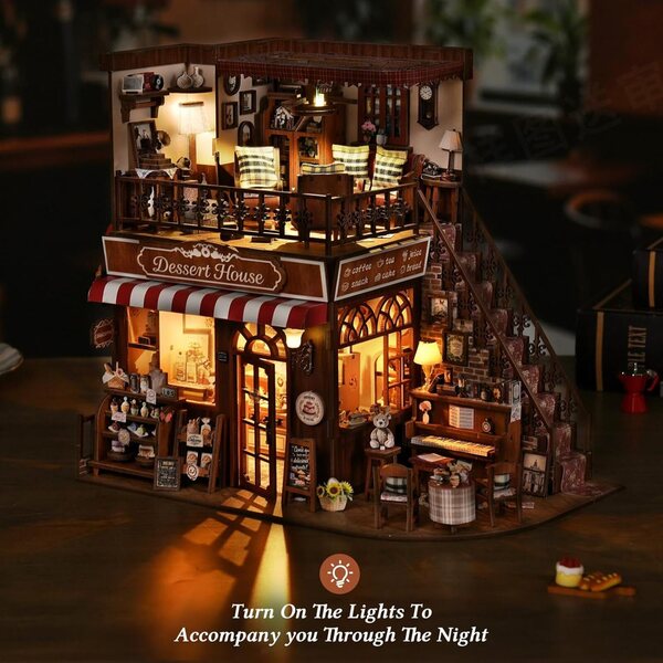 Kit casa miniatura vintage a due piani con luci LED, perfetto per appassionati e regalo