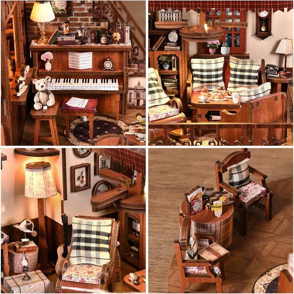 Kit casa miniatura vintage a due piani con luci LED, perfetto per appassionati e regalo