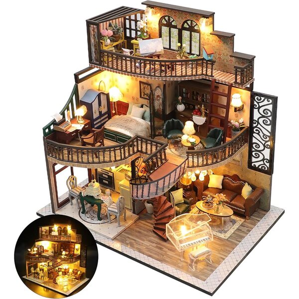 Kit Casa delle Bambole Miniatura da Montare con Luci LED e Mobili - Hobby Creativo