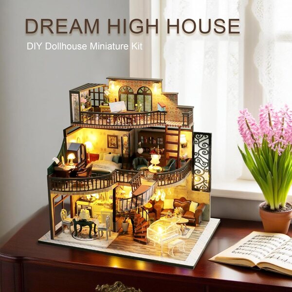 Miniatur-Puppenhaus-Bausatz zum Zusammenbauen mit LED-Leuchten und Möbeln – kreatives Hobby