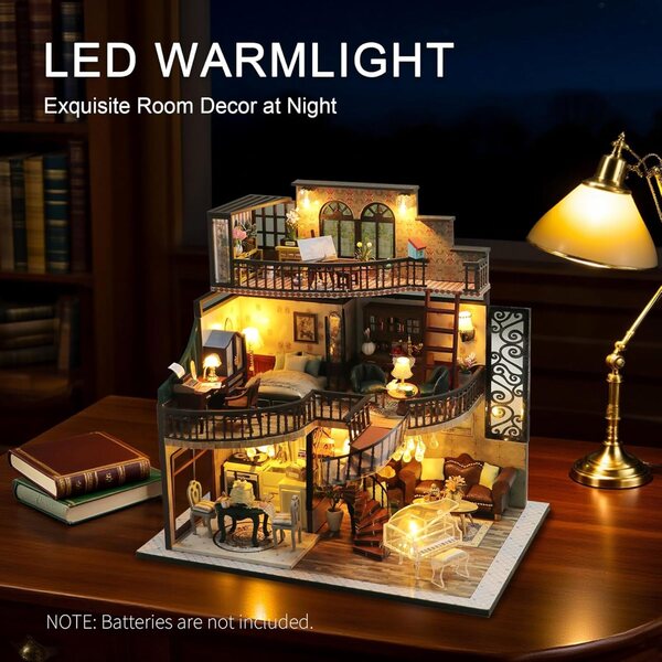 Miniatur-Puppenhaus-Bausatz zum Zusammenbauen mit LED-Leuchten und Möbeln – kreatives Hobby