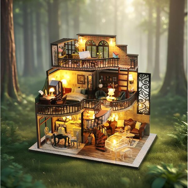Miniatur-Puppenhaus-Bausatz zum Zusammenbauen mit LED-Leuchten und Möbeln – kreatives Hobby