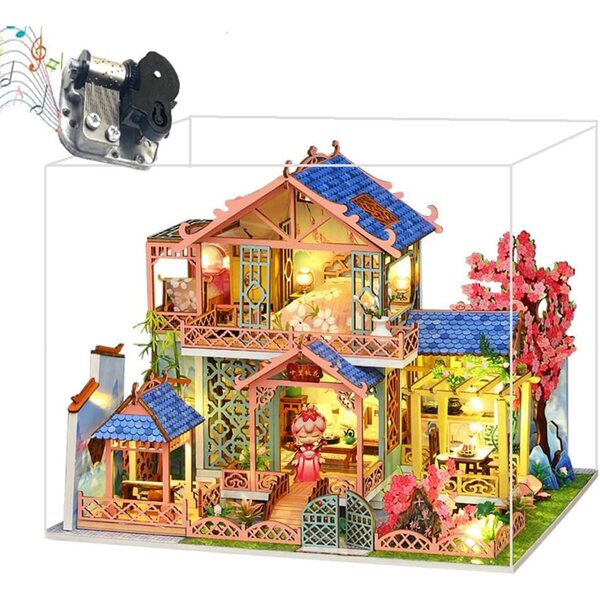 3D-Puppenhaus-Bausatz aus Holz mit LED-Leuchten und Möbeln + Staubschutz