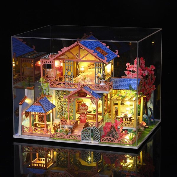 3D-Puppenhaus-Bausatz aus Holz mit LED-Leuchten und Möbeln + Staubschutz
