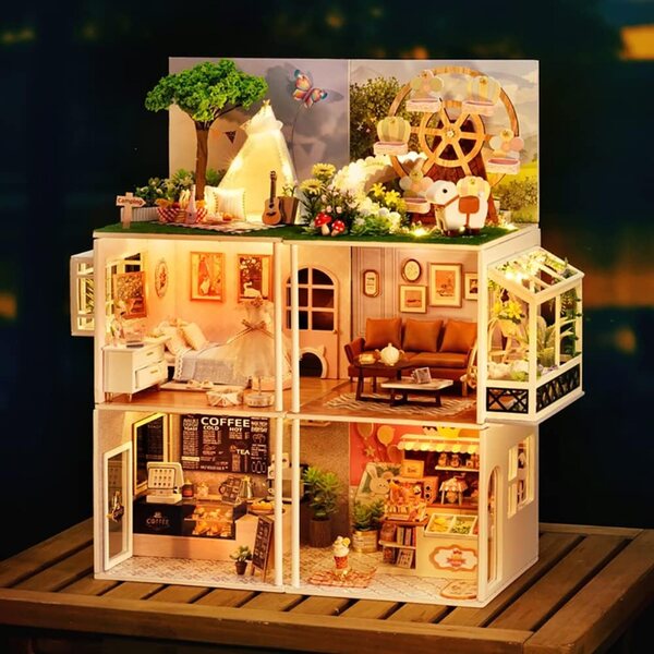 Puppenhaus-Bausatz aus Holz zum Zusammenbauen – Modell im Maßstab 1:24 mit Möbeln und Staubschutz