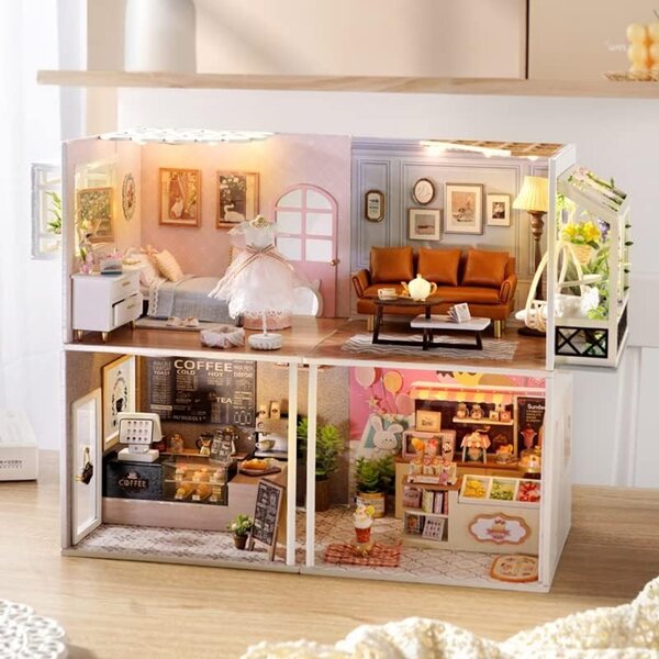 Puppenhaus-Bausatz aus Holz zum Zusammenbauen – Modell im Maßstab 1:24 mit Möbeln und Staubschutz