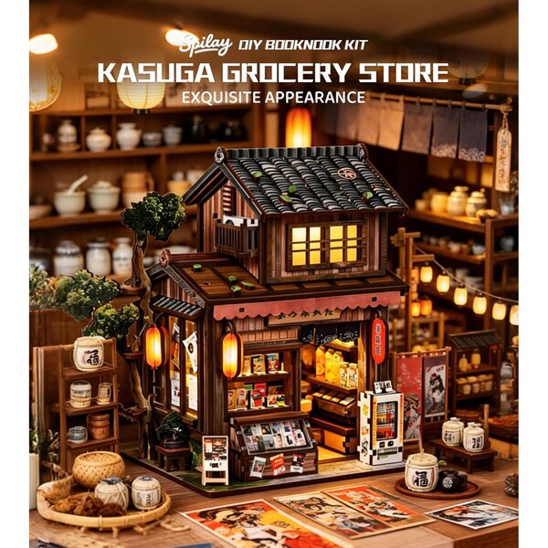 Spilay Kit Casa Miniatura Kasuga con Musica e LED, Decorazione Creativa Vintage DIY