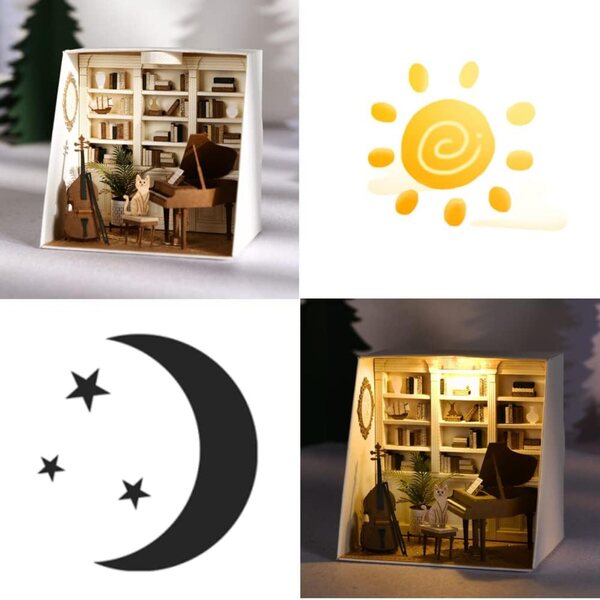 DIY 3D-Miniatur-Puppenhaus aus Holz mit Papiermöbeln 1:24 – Mondschein-Thema