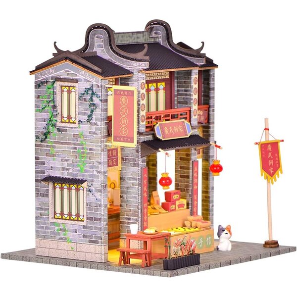 3D-Puppenhaus aus Holz mit LED-Licht und Staubschutz 1/24