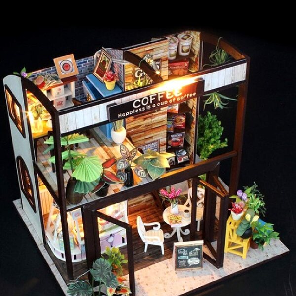 Handgefertigte 3D-Puzzle-Puppenhausminiatur aus Holz im Maßstab 1:24 mit LED-Lichtern und Möbeln