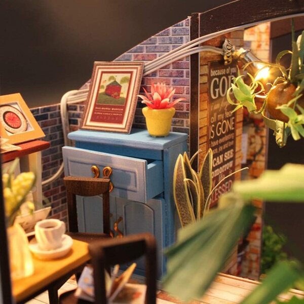 Handgefertigte 3D-Puzzle-Puppenhausminiatur aus Holz im Maßstab 1:24 mit LED-Lichtern und Möbeln