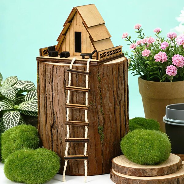 Mini cabina in legno con scala – arredamento rustico per giardini fatati e uffici