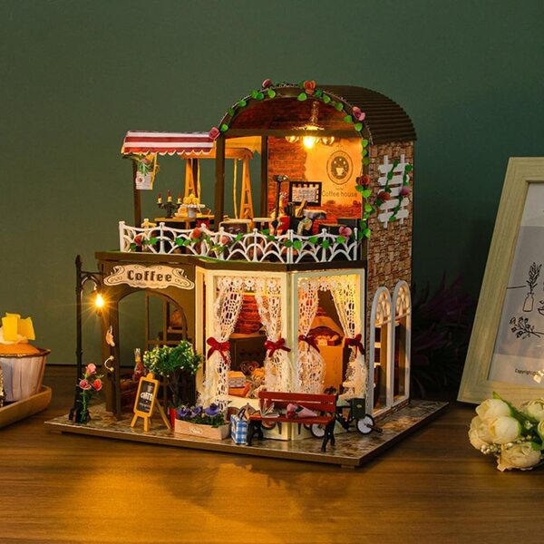 DIY-Puppenhaus aus Holz mit warmer LED, Kreativset und einzigartigem Geschenk für Erwachsene