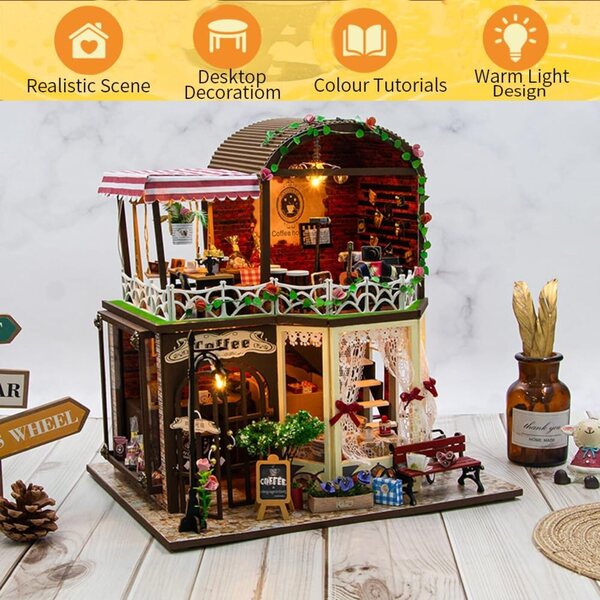 DIY-Puppenhaus aus Holz mit warmer LED, Kreativset und einzigartigem Geschenk für Erwachsene