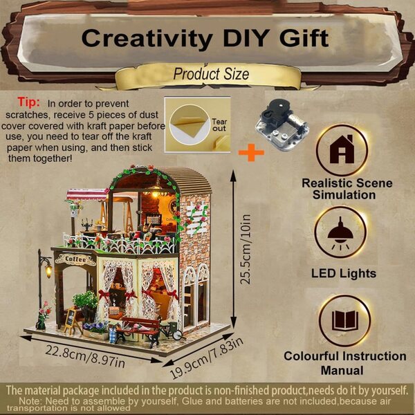 DIY-Puppenhaus aus Holz mit warmer LED, Kreativset und einzigartigem Geschenk für Erwachsene