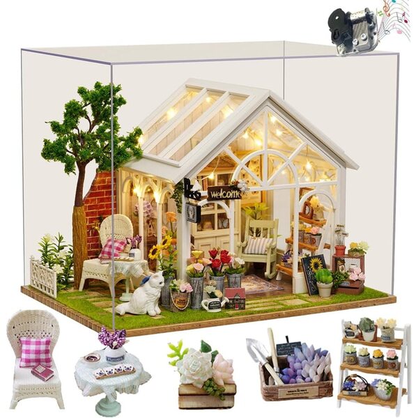 DIY-Puppenhaus-Bausatz aus Holz mit Blumenmuster und integrierter Musik