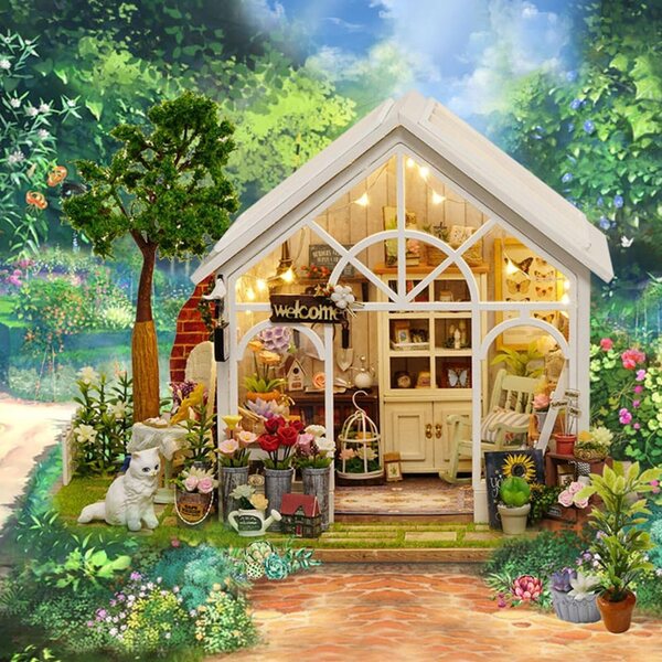 DIY-Puppenhaus-Bausatz aus Holz mit Blumenmuster und integrierter Musik