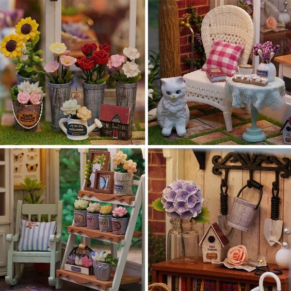 DIY-Puppenhaus-Bausatz aus Holz mit Blumenmuster und integrierter Musik