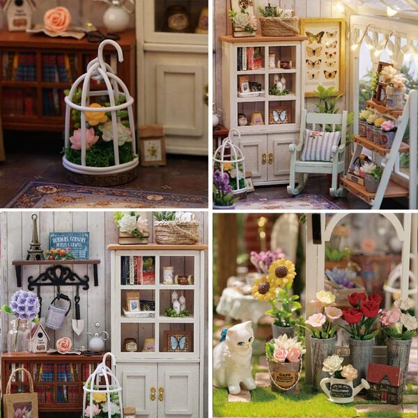 DIY-Puppenhaus-Bausatz aus Holz mit Blumenmuster und integrierter Musik