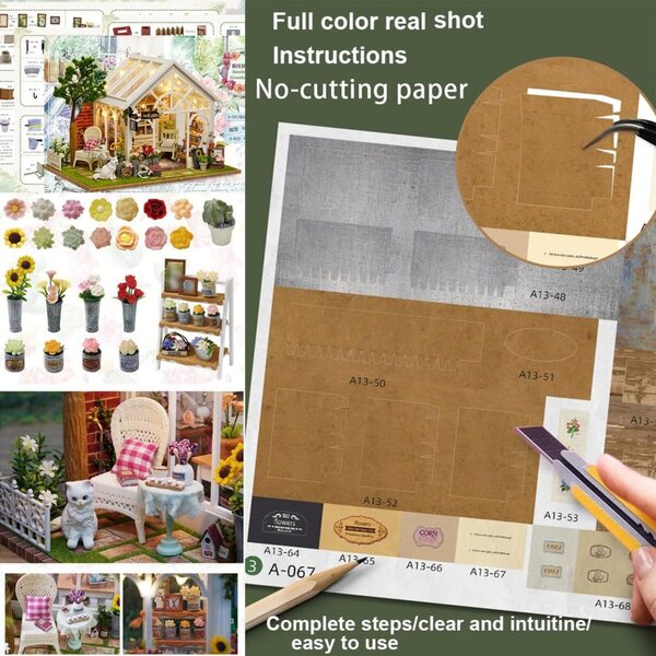 DIY-Puppenhaus-Bausatz aus Holz mit Blumenmuster und integrierter Musik