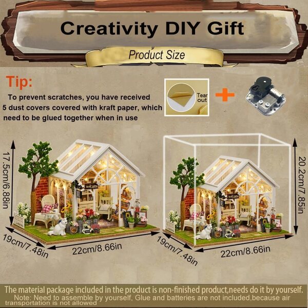 DIY-Puppenhaus-Bausatz aus Holz mit Blumenmuster und integrierter Musik