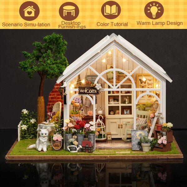 DIY-Puppenhaus-Bausatz aus Holz mit Blumenmuster und integrierter Musik