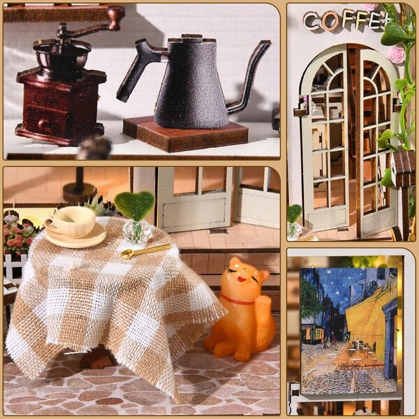 TOYQI Kit angolo libro 3D in legno – Mini caffè con LED e decorazione casa