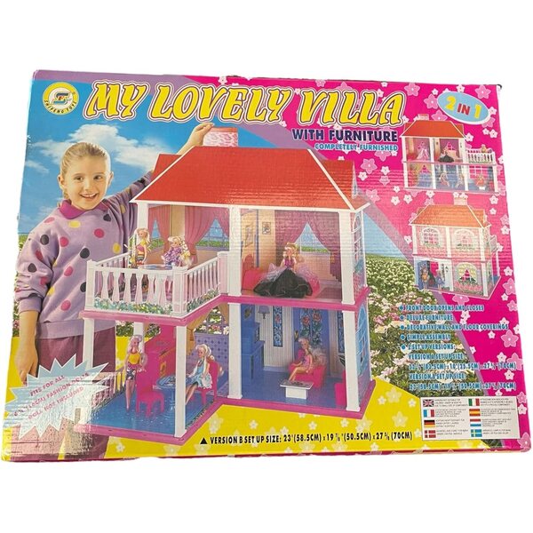 Luxusvilla mit Möbeln, zu öffnender Tür und 2 vielseitigen Puppenkonfigurationen