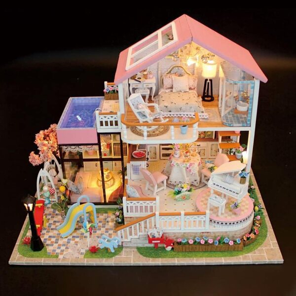 DIY Mini-Puppenhaus-Bausatz aus Holz mit LED, komplettem Zubehör und Musik