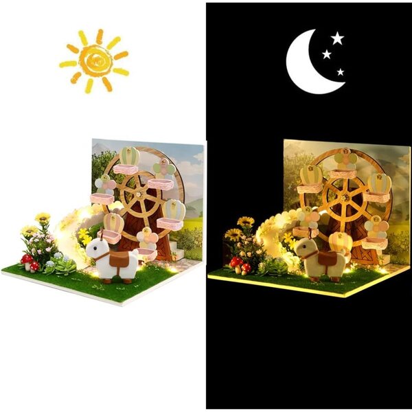 Kit Casa Miniatura in Legno da Montare con Mobili e Copertura Anti Polvere