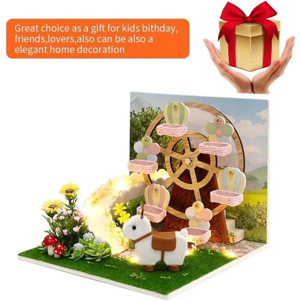 Kit Casa Miniatura in Legno da Montare con Mobili e Copertura Anti Polvere
